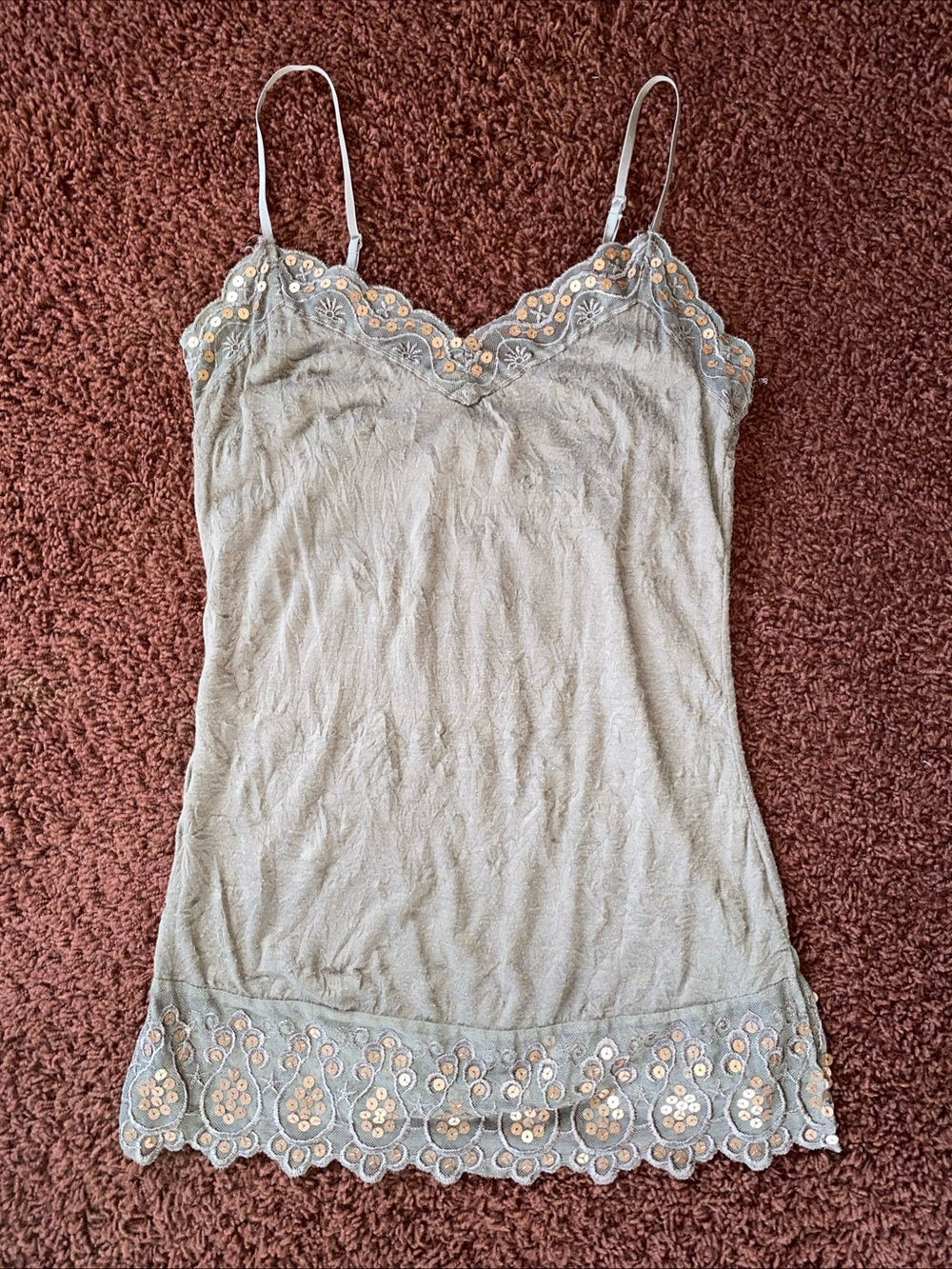 Y2K Weavers Camisole Tank Top Sz S Lace Sequin Crinkle Brown Boho Fairy Grunge
